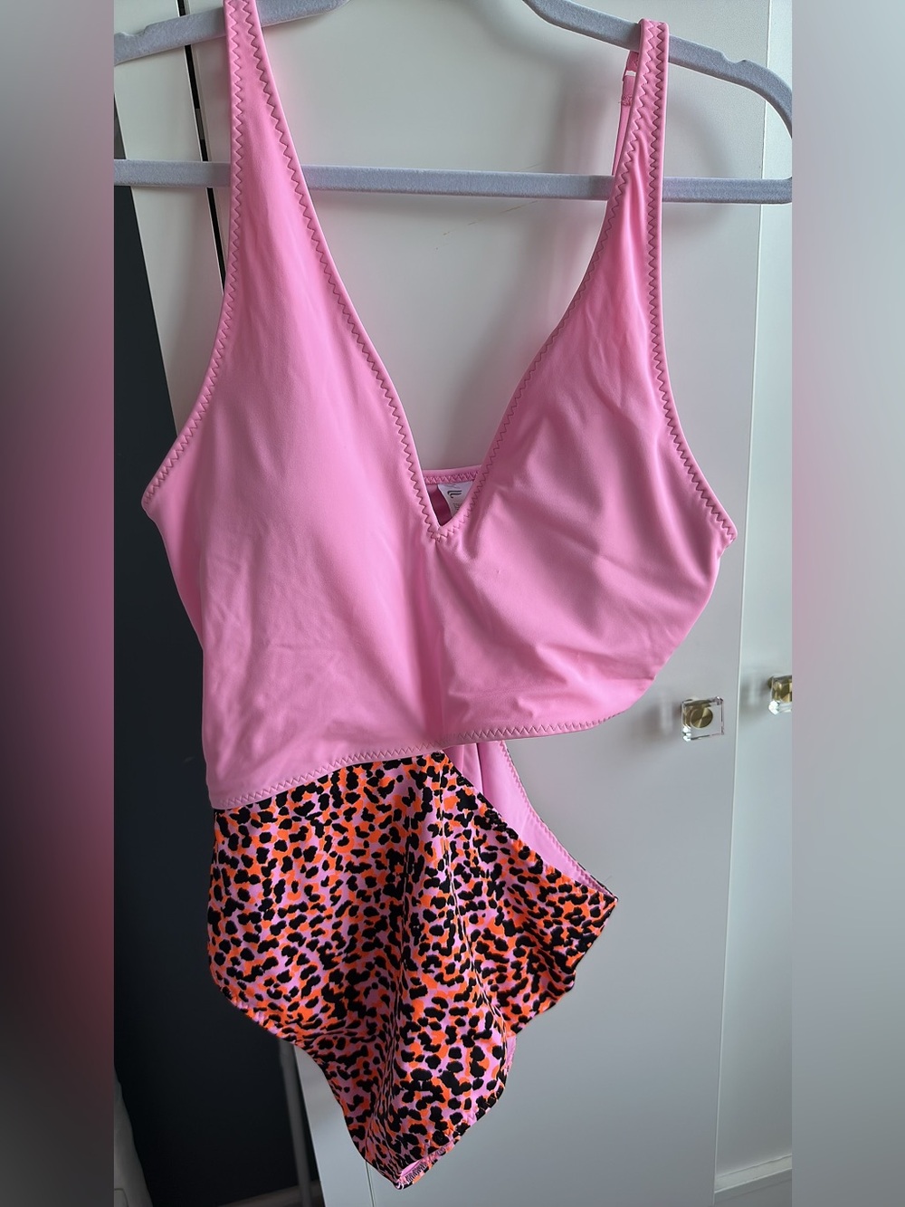 Fabletics Pink V-Neck One-Piece with Pink & Orange Leopard Print